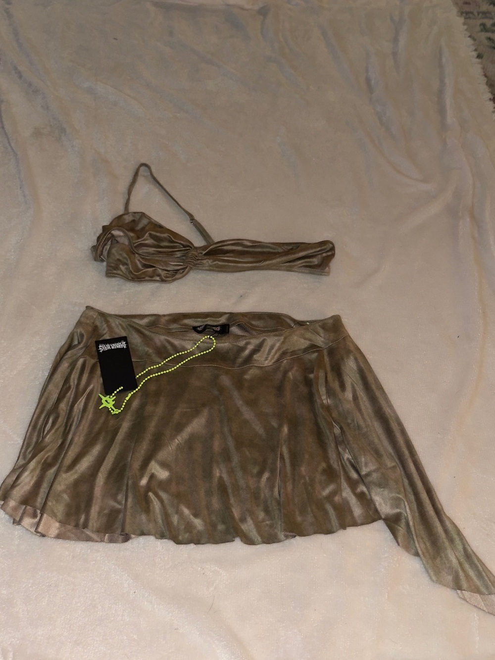 Dolls Kill DARKER WAVS Olive Shimmery Strapless Top & Flared Mini Skirt Set